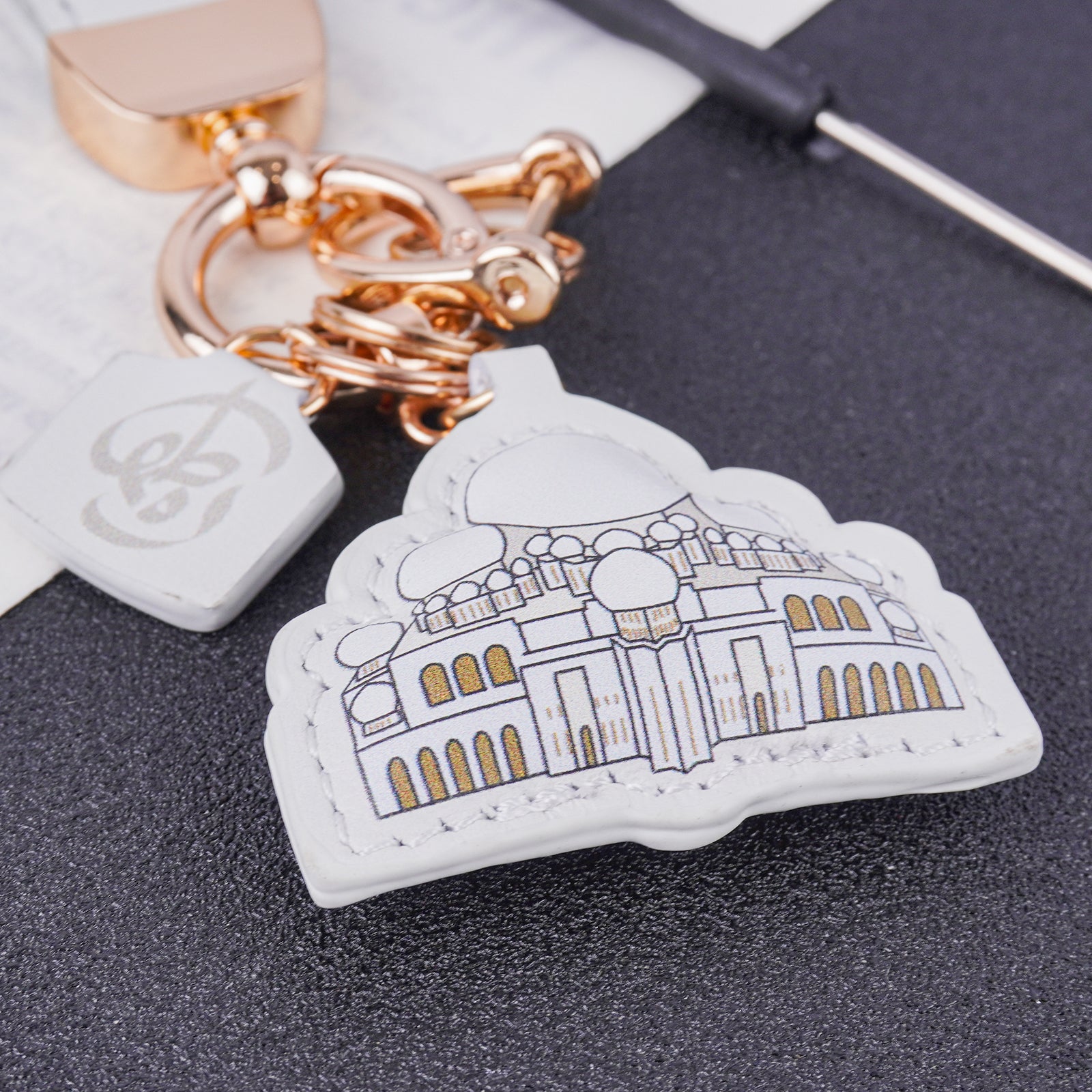 Islamic Leather Keychain with Arabic Calligraphy & Mosque Pendant Sheepskin Keychain (MAC284)