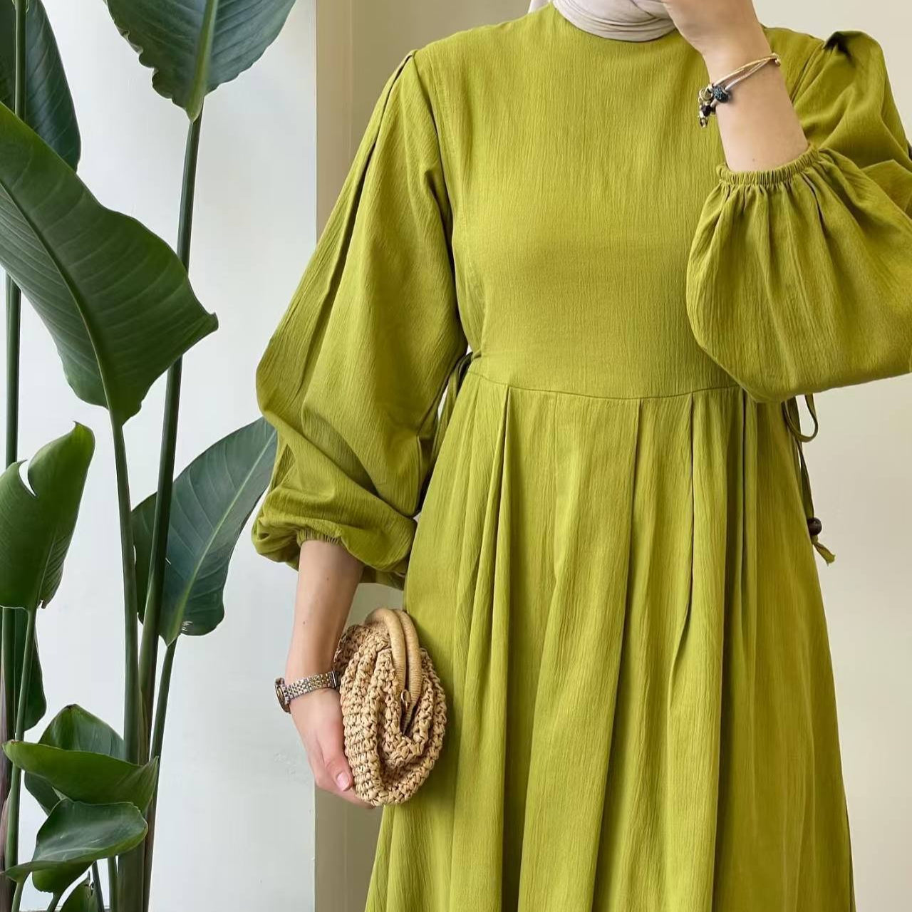 Tie-Waist Bubble Sleeve Abaya | Pleated Maxi Dress with Back Zip(MA364)