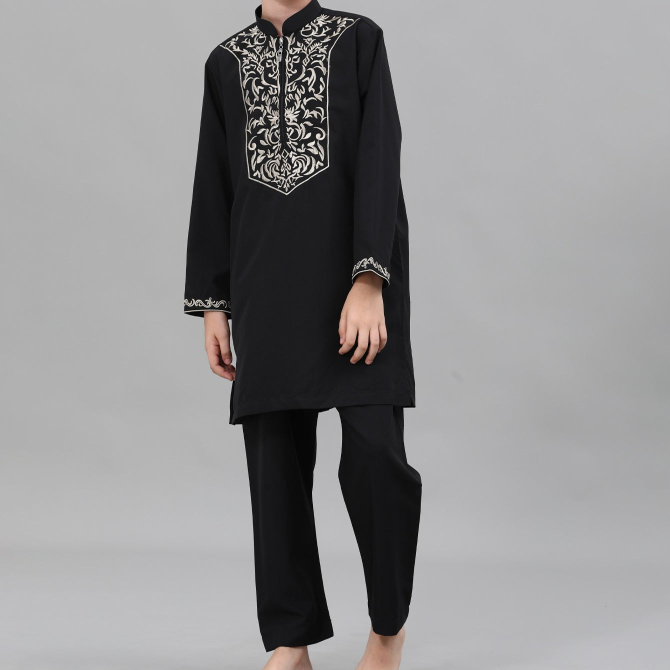 Boys Black Embroidered Tunic & Pants Set(MKB021)