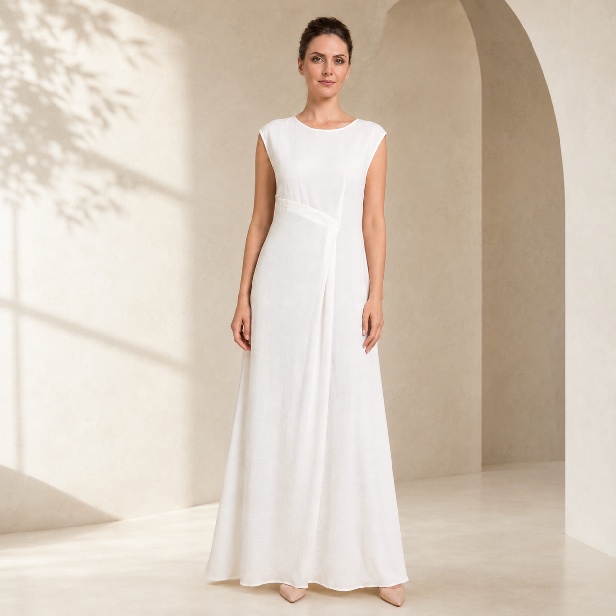 Crepe Sleeveless Maxi Dress with Waist Pleat & Back Zip(MS436)