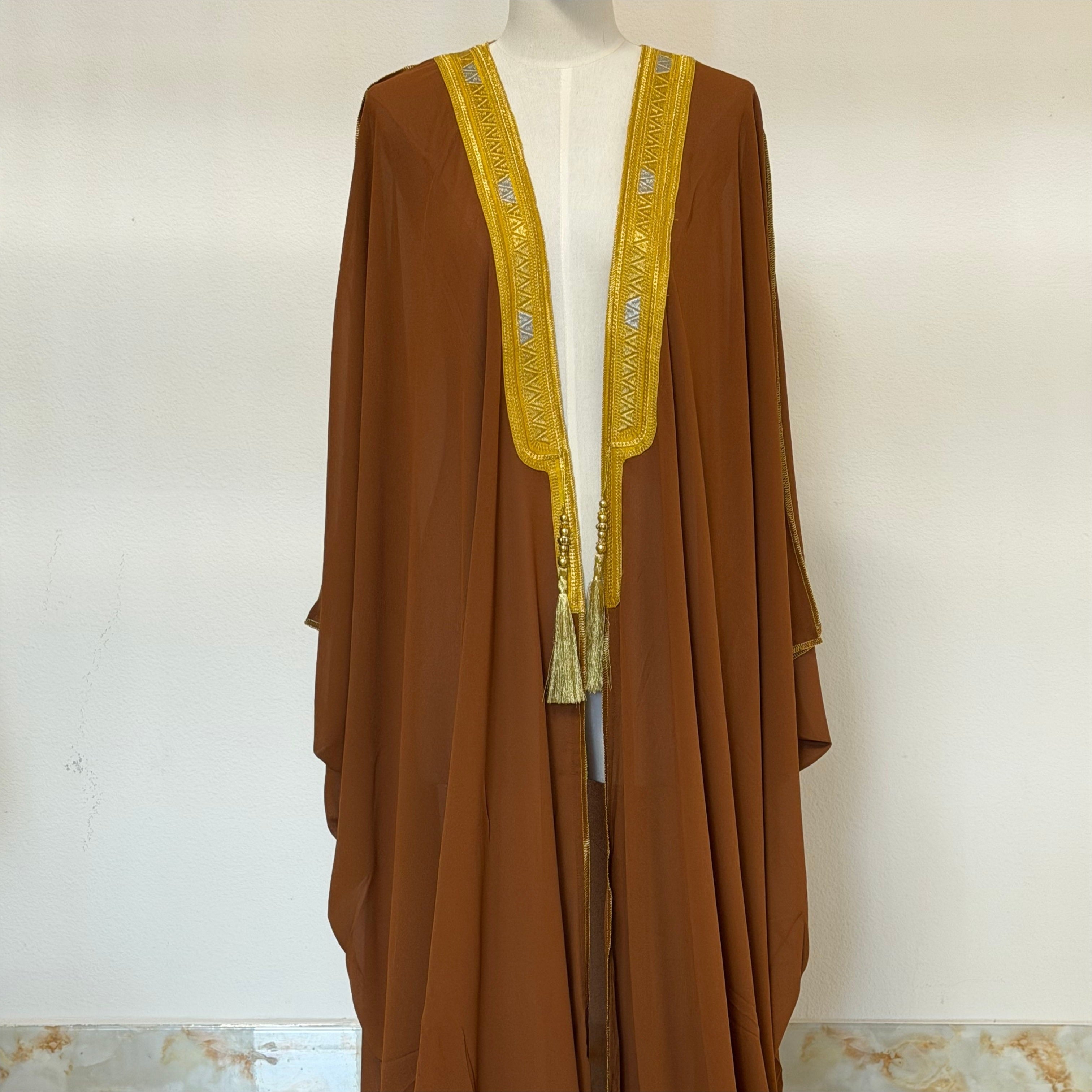 Archive Piece Gold Geometric Embroidered Batwing Open Abaya - MP056 (Size L Only)