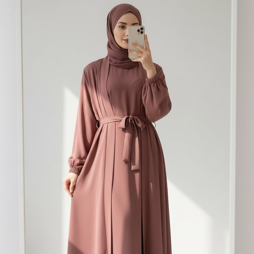 Premium Nida Zoom Open Abaya 3-Piece Set (MOA239)