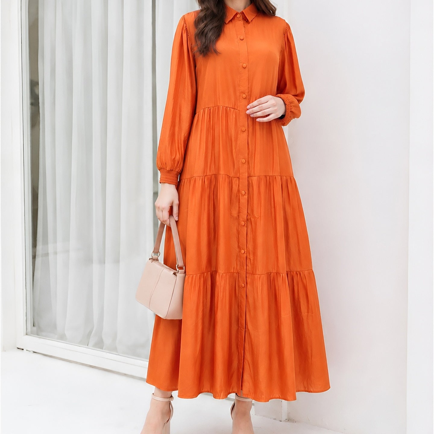 Shirt Collar Button-Down Tiered Maxi Dress(MA465)
