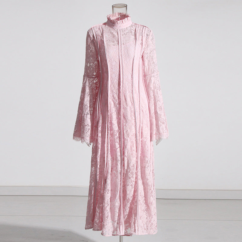 Lace Stand Collar Bell Sleeve Maxi Dress(MS395)