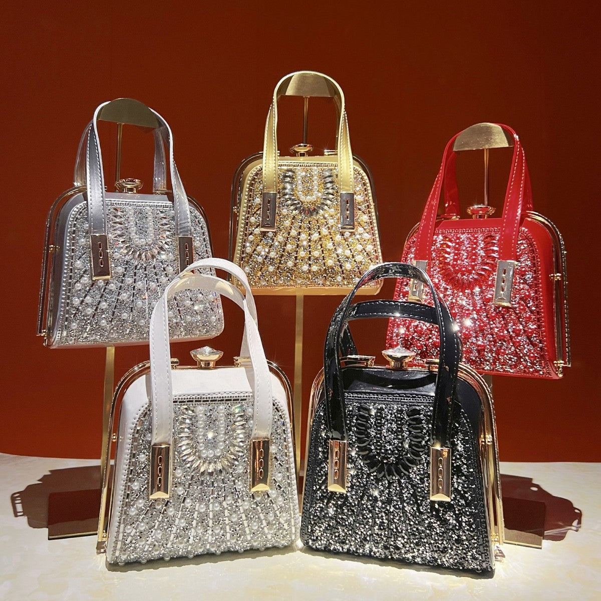 Luxe Pearl & Rhinestone Evening Clutch Bag – Crossbody Handbag with Chain Strap (MAC488)