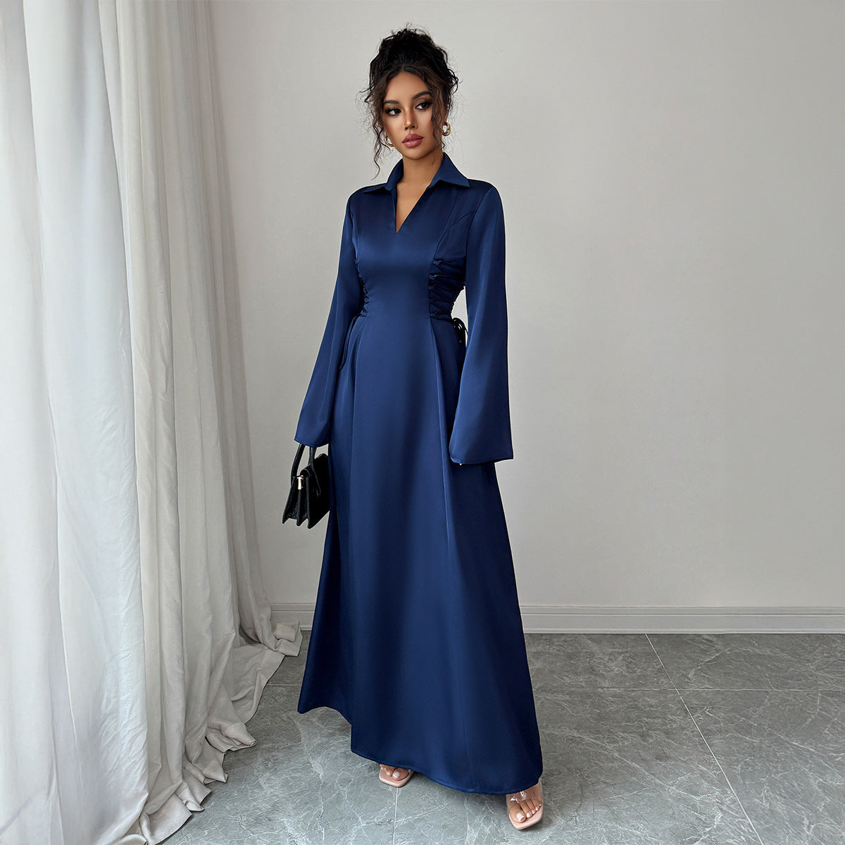 Satin Collar Maxi Dress | Long Bell Sleeve Formal Dress(MS277)