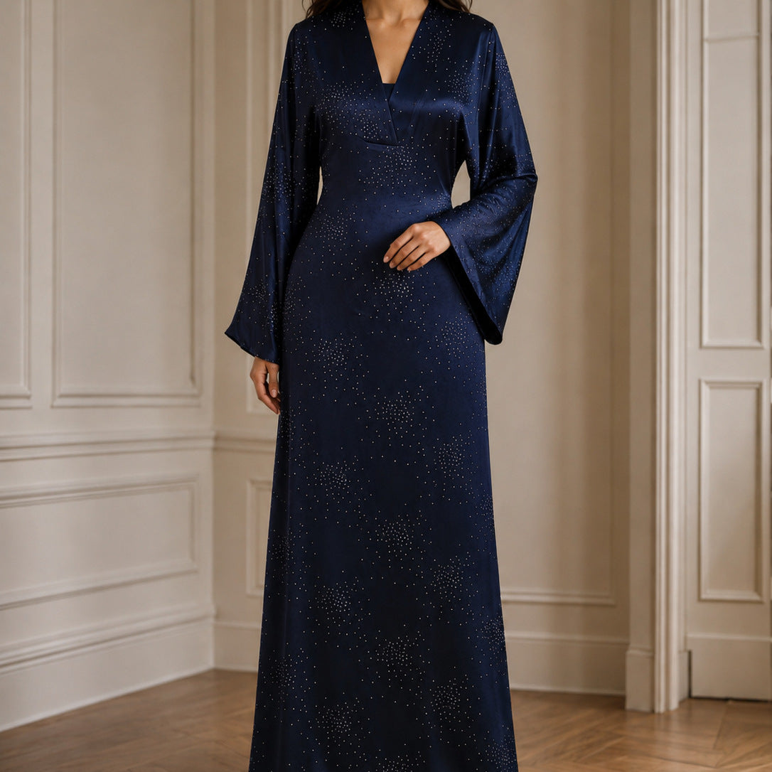Galaxy Rhinestone V-Neck Flared Sleeve Maxi Dress(MS518)