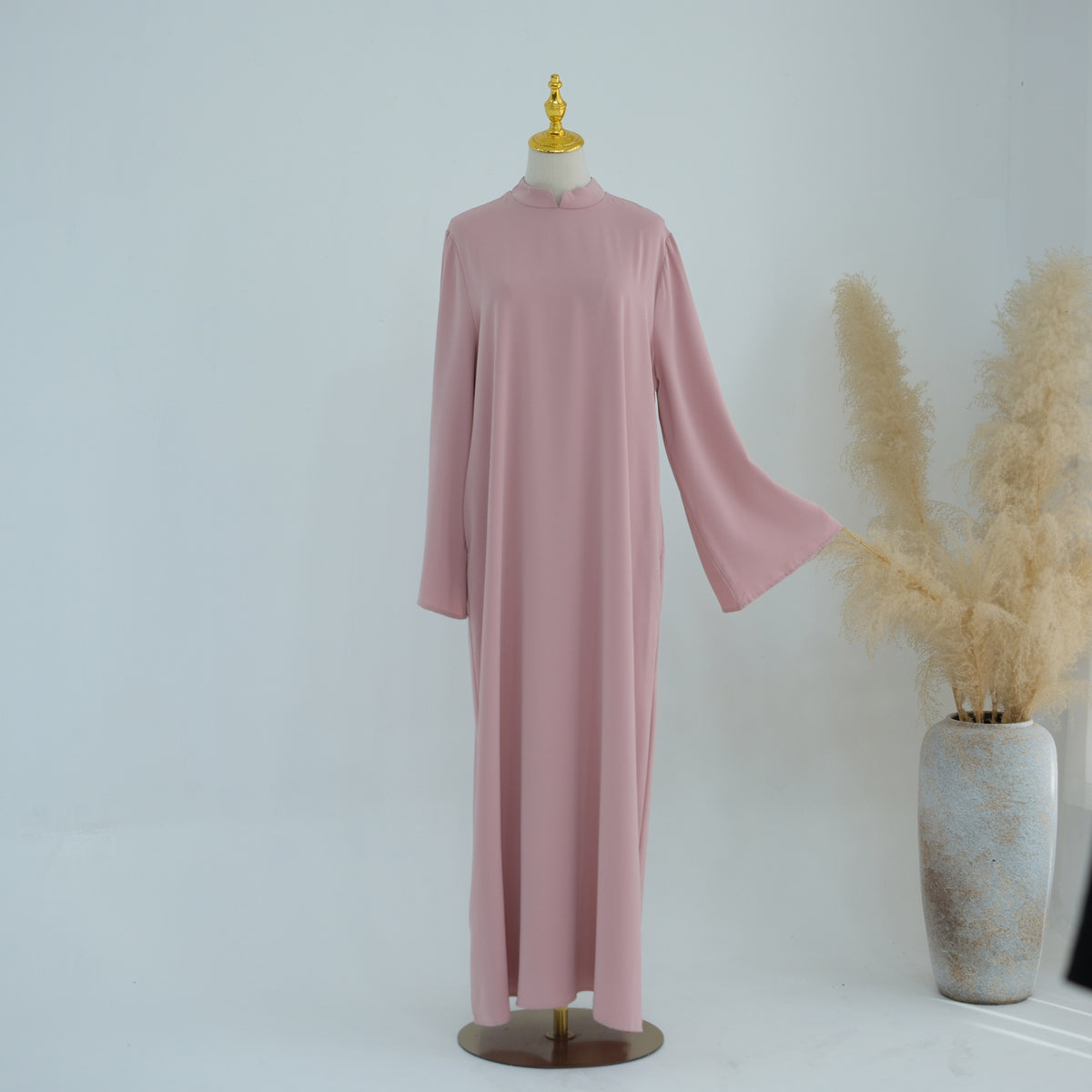 Stand-Collar Nida Maxi Dress | Long-Sleeve Belted Modest Dress(MA475)
