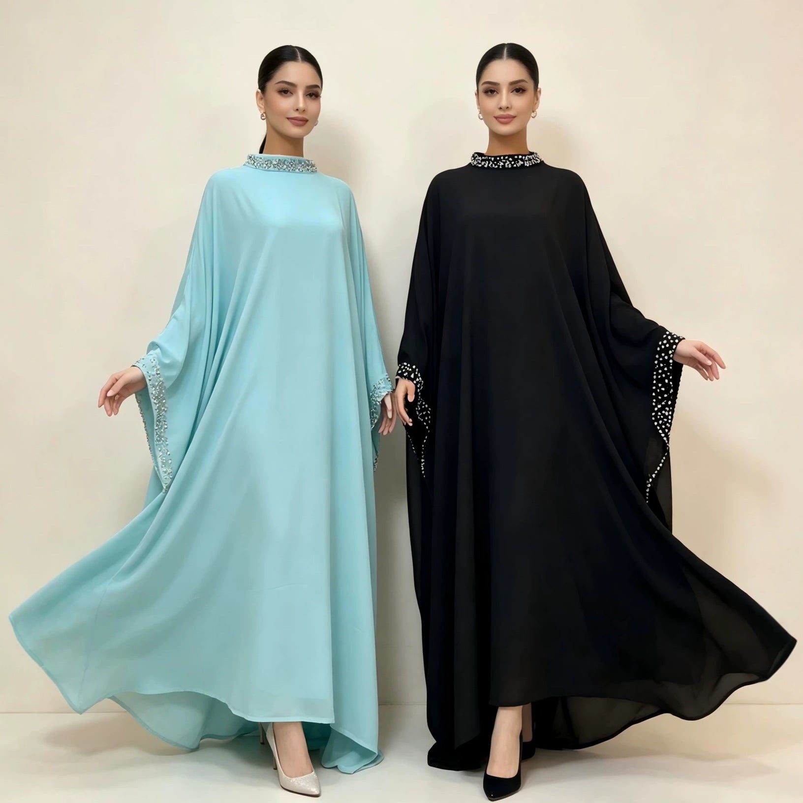 Pearl & Crystal Embellished Stand Collar Batwing Sleeve Maxi Abaya Dress(MA468)