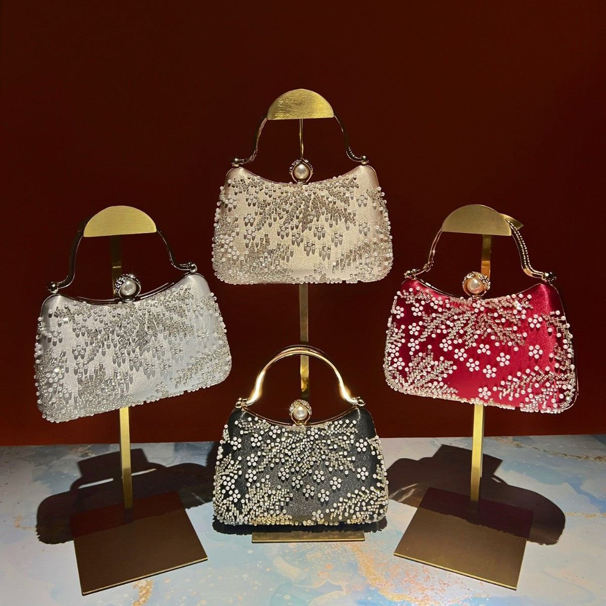 Vintage Embroidered Pearl Evening Clutch Bag - Sparkling Rhinestone Top-Handle Purse & Crossbody for Parties & Weddings(MAC494)