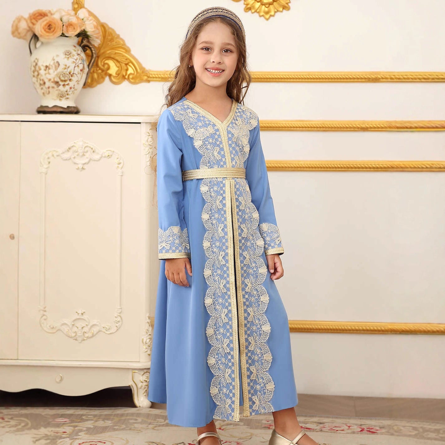 Girls Lace Trim Kaftan Dress | Elegant Kids Formal Abaya(MKG018)