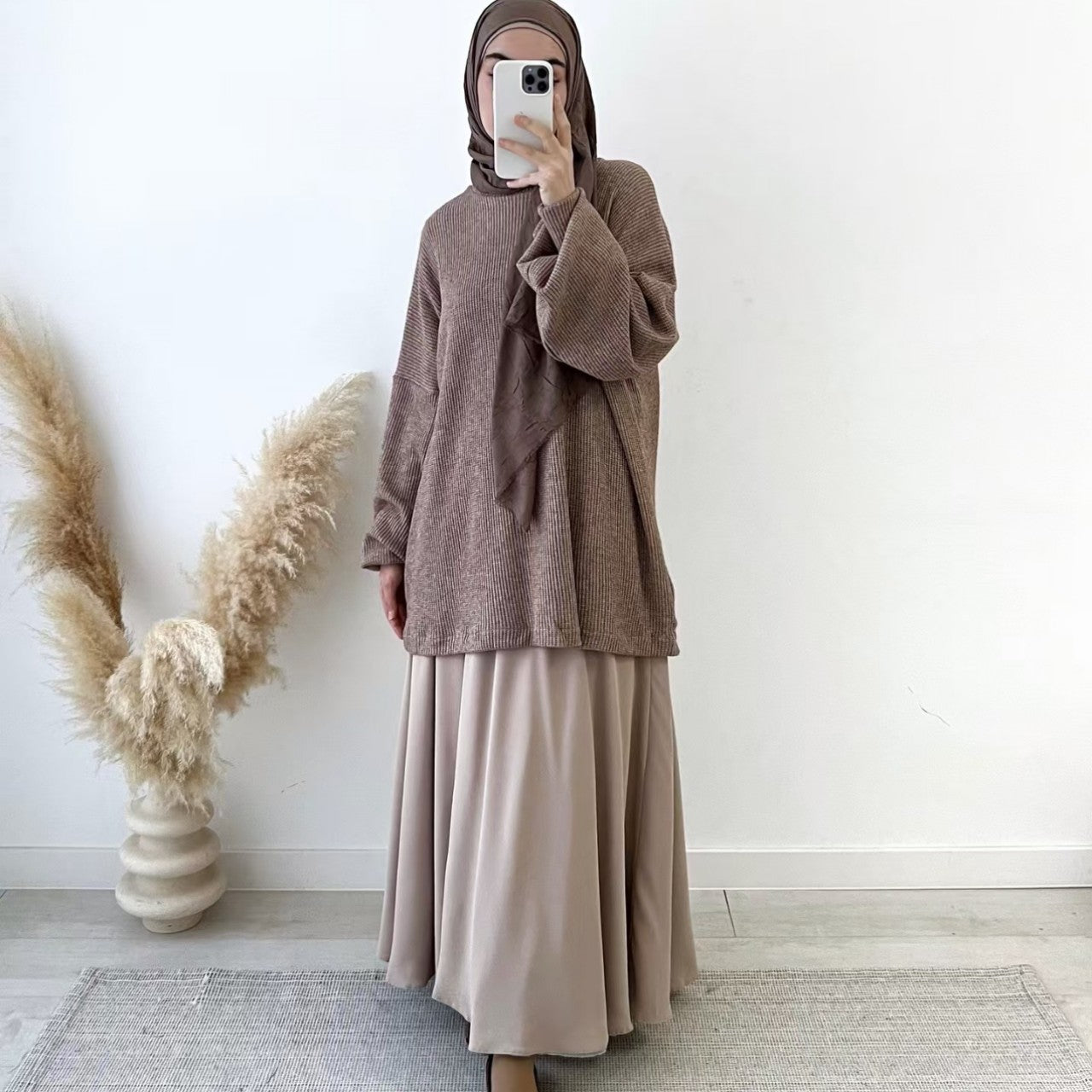 Ribbed Knit Sweater & Maxi Skirt Set | Oversized Pullover Two-Piece(MS224)
