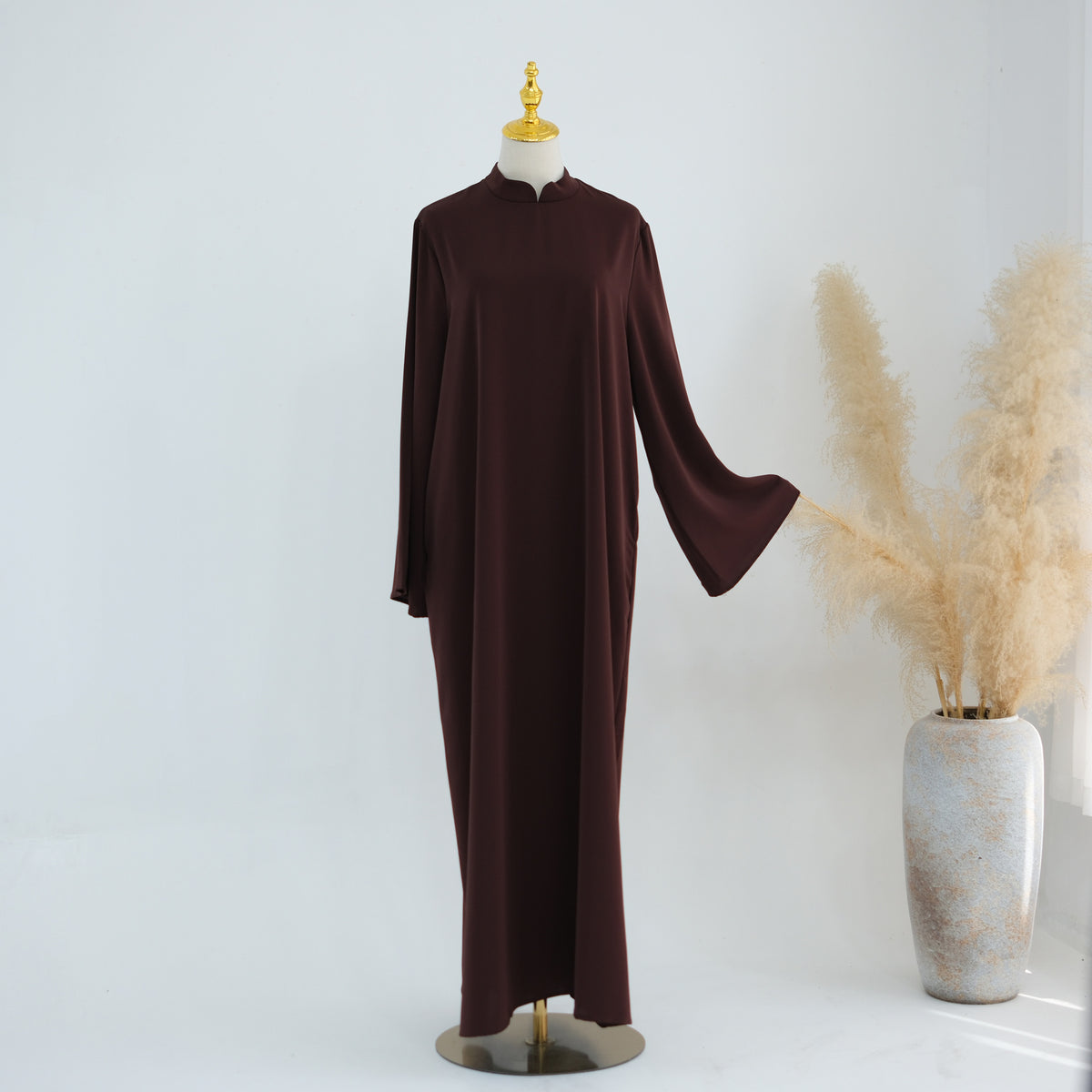 Stand-Collar Nida Maxi Dress | Long-Sleeve Belted Modest Dress(MA475)