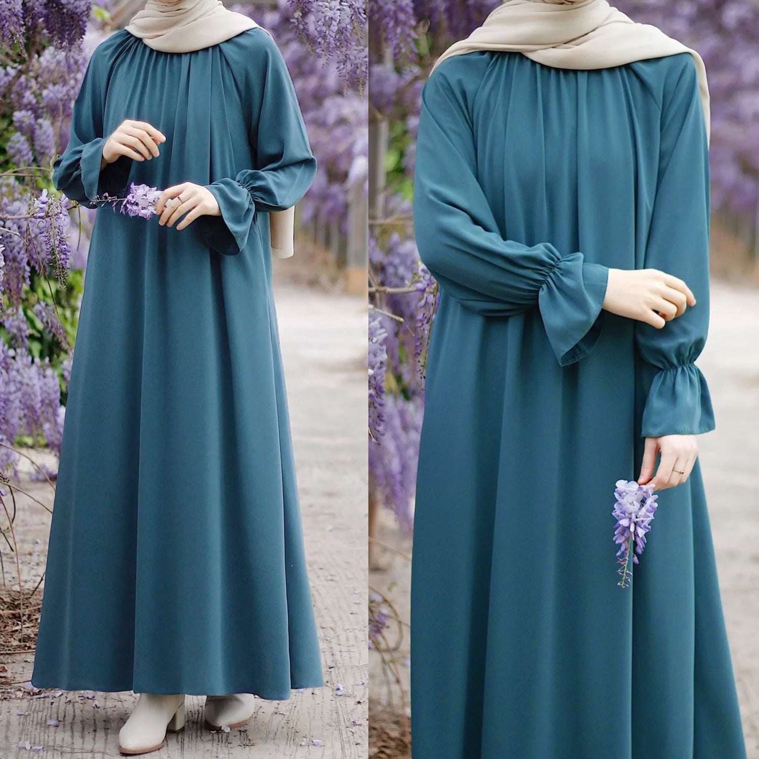 Bell Sleeve Chiffon Abaya | Round Neck Pocket Maxi Dress(MA363)