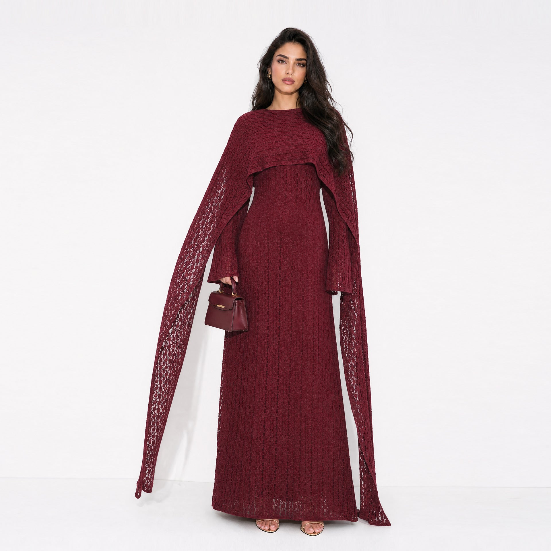 Textured Floral Lace Cape-Sleeve Lined Maxi Dress(MS519)