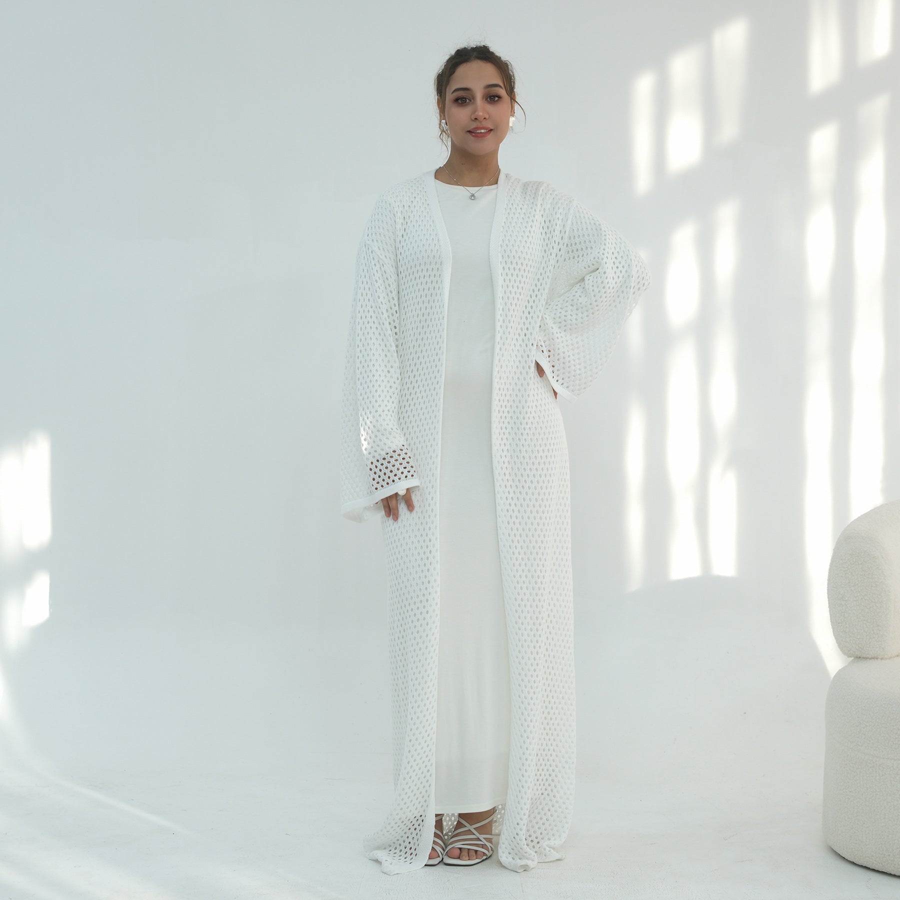 Hollow-Out Knit Open Abaya Cardigan with Waist Belt(MOA315)