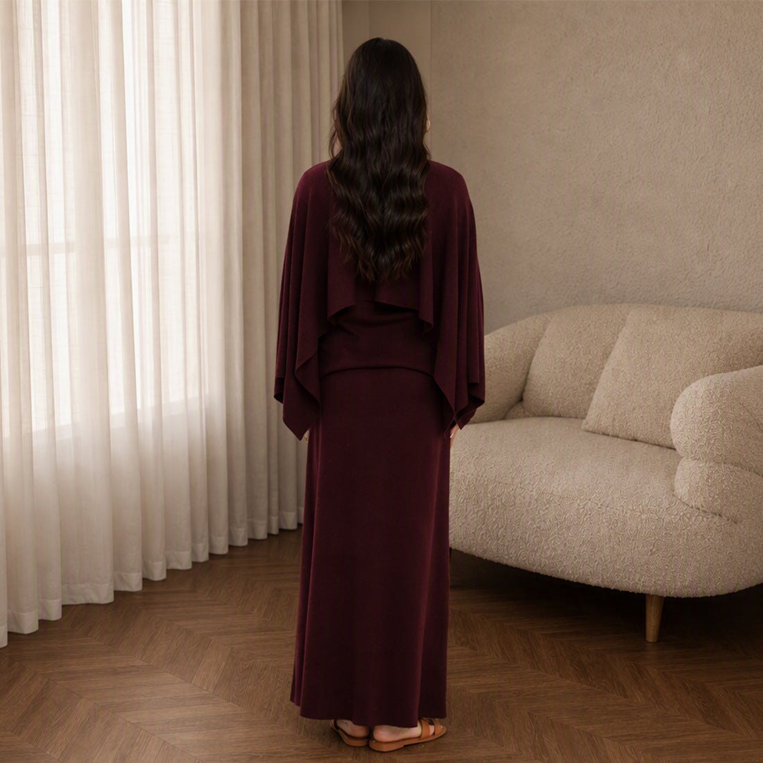 Modest Cape Knit Top & Maxi Skirt Set(MS537)