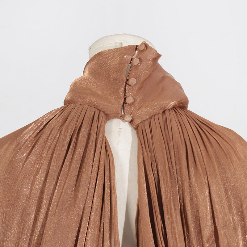 Balloon Sleeve Tie-Neck Maxi Dress(MS303)