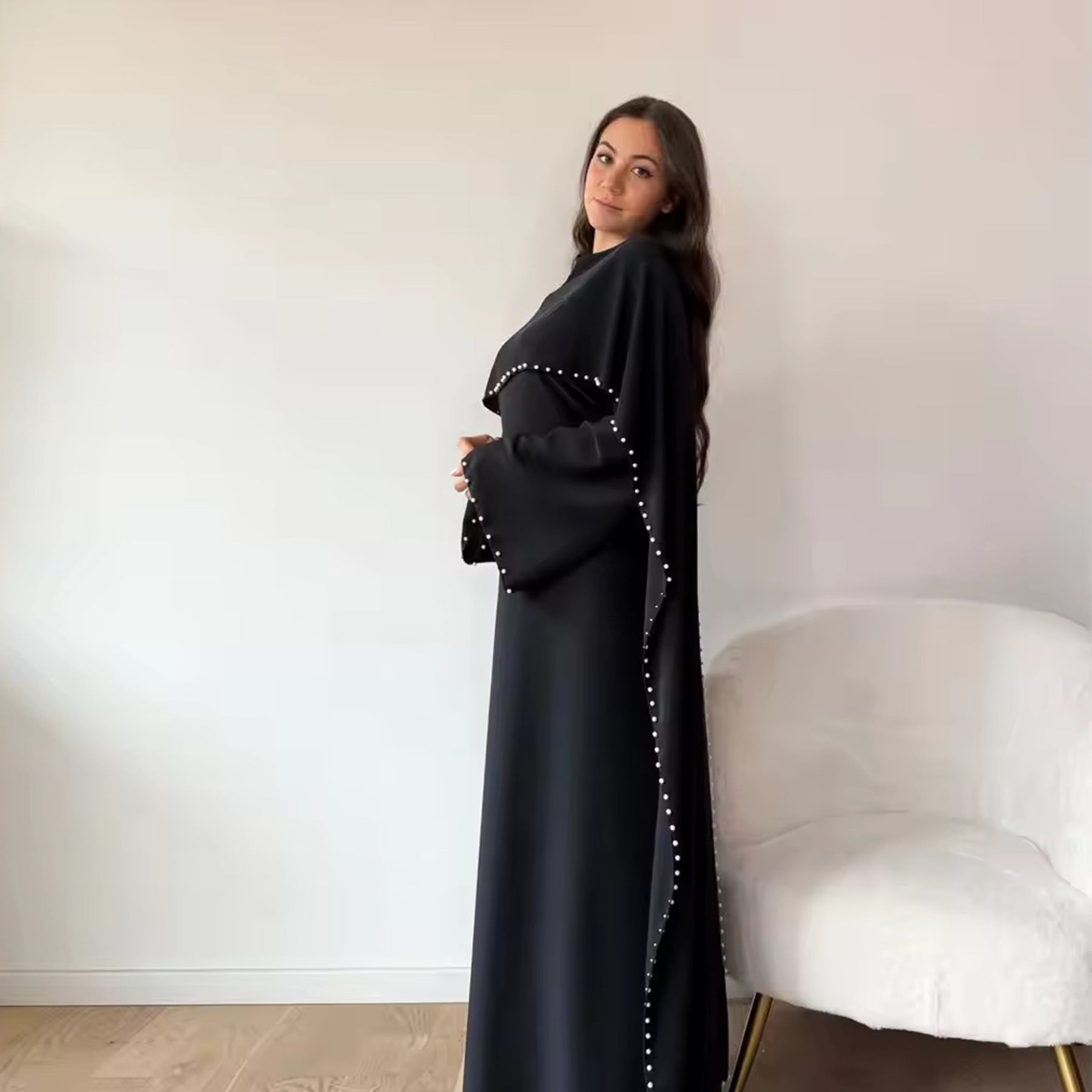 Pearl Embellished Kaftan Abaya | Luxury Cape Sleeve Maxi Dress(MA382)