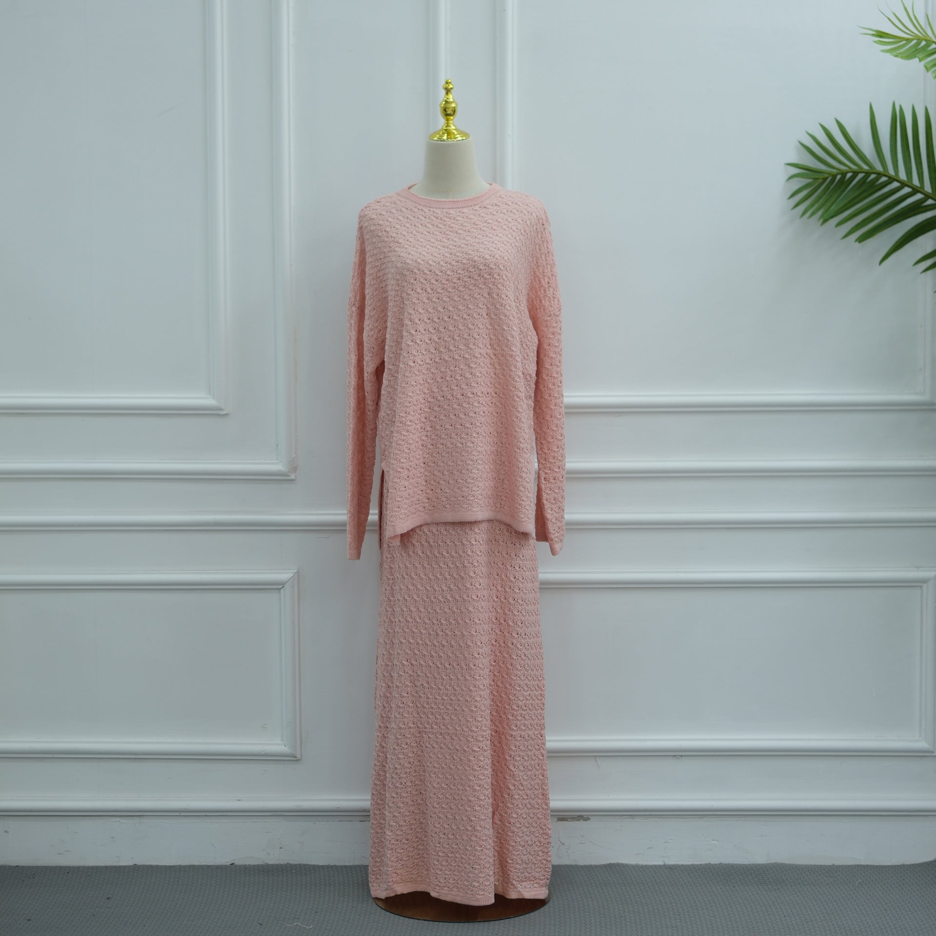 Ensemble coordonné Sweater Crochet ajouré & Jupe Maxi Doublée (MS523)