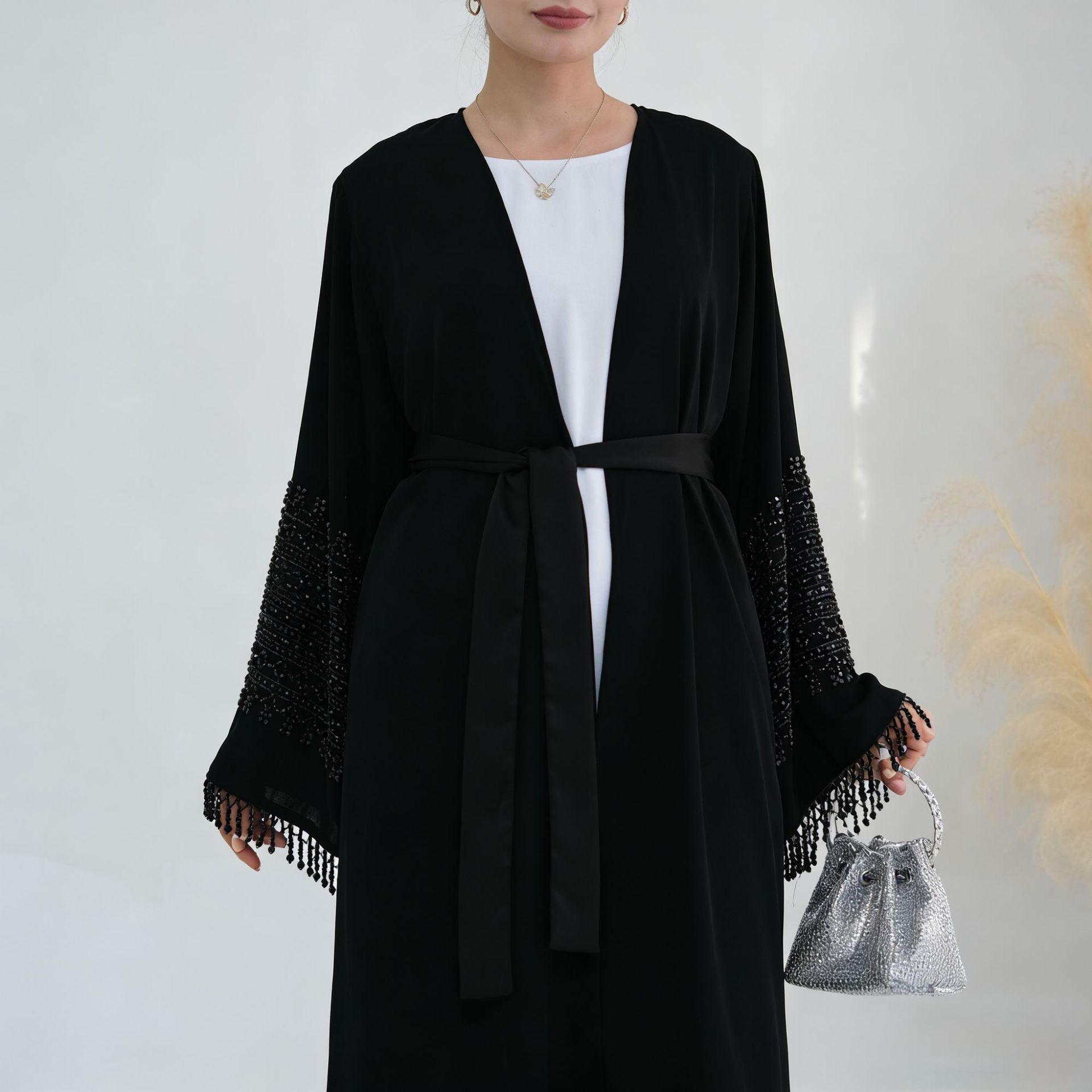 Beaded Embroidery Flared-Sleeve Open Abaya(MOA334)