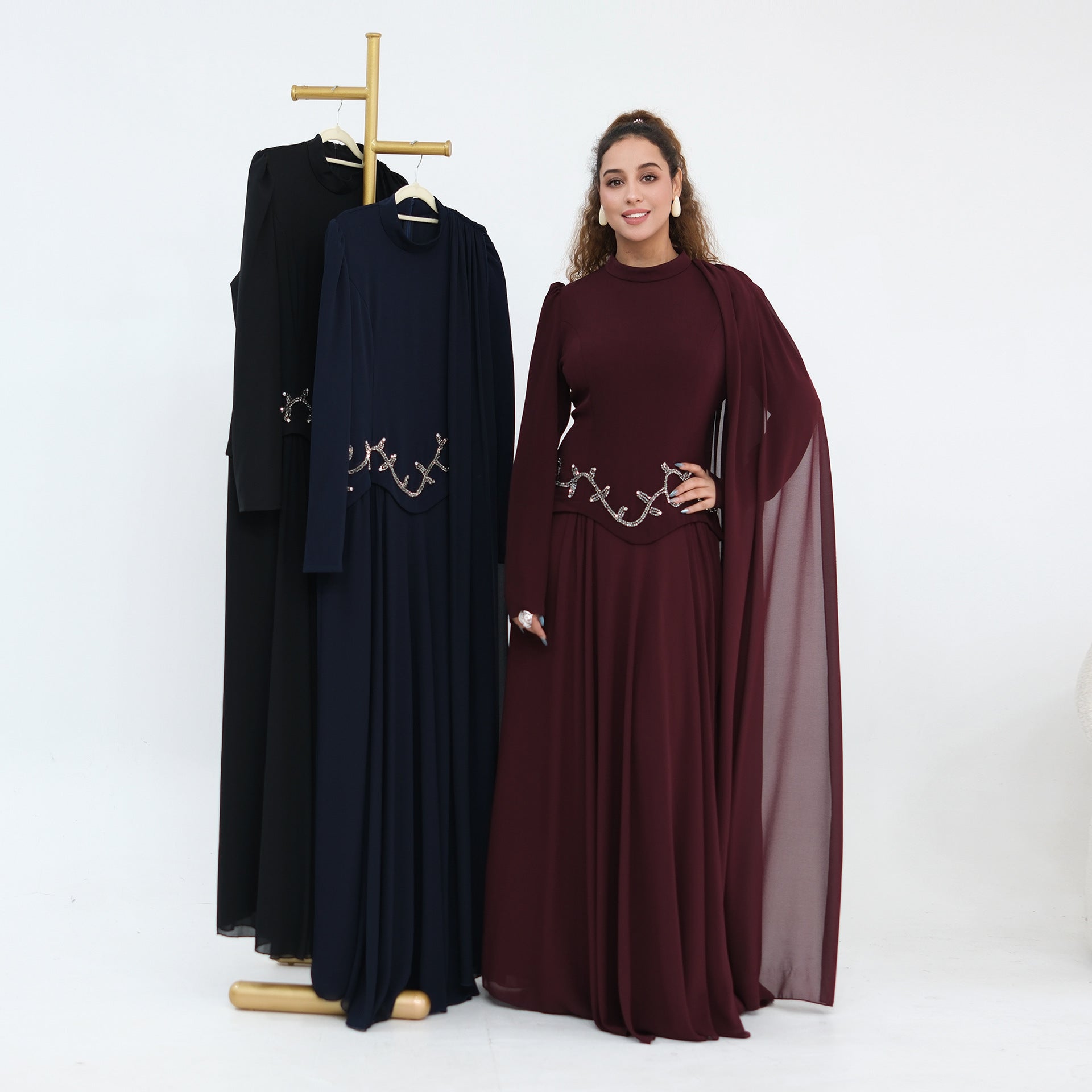 Crystal Beaded Waist Cape Sleeve Maxi Dress(MS499)