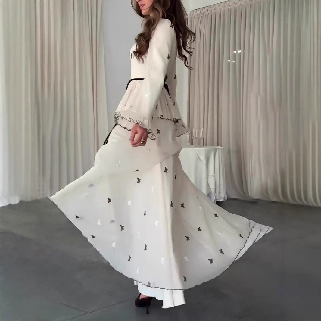 Butterfly Embroidered Maxi Dress | Long Sleeve Peplum Waist Dress(MS274)