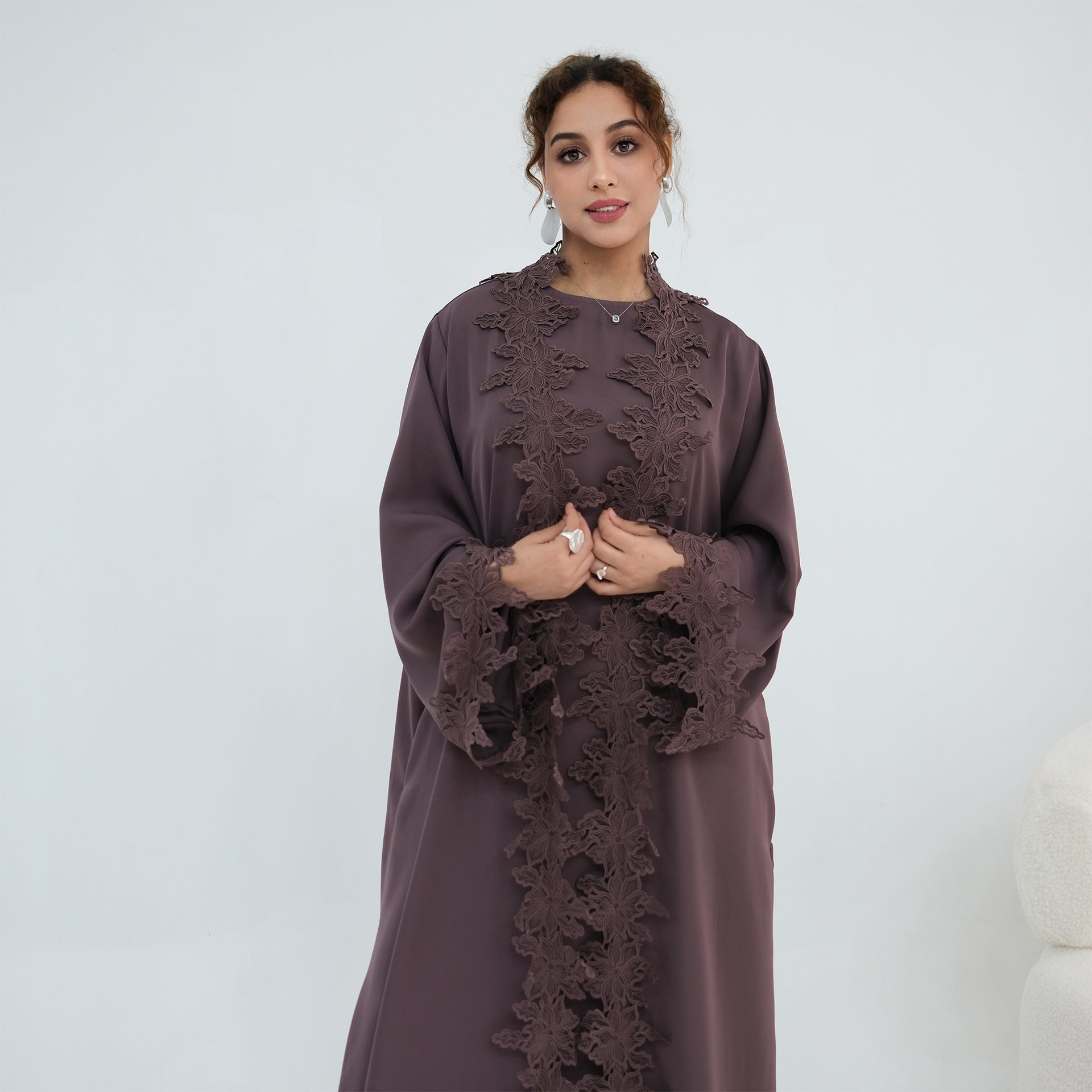 Floral Lace Trim Open Abaya & Sleeveless Inner Dress Set(MOA312)