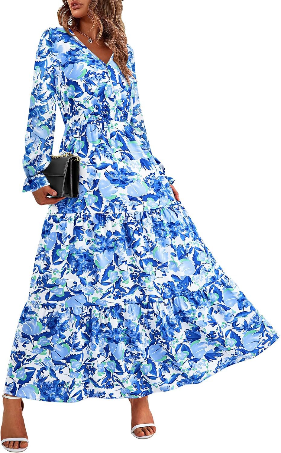 Floral Print V-Neck Midi Dress | Long Sleeve Elastic Waist Dress(MS271)