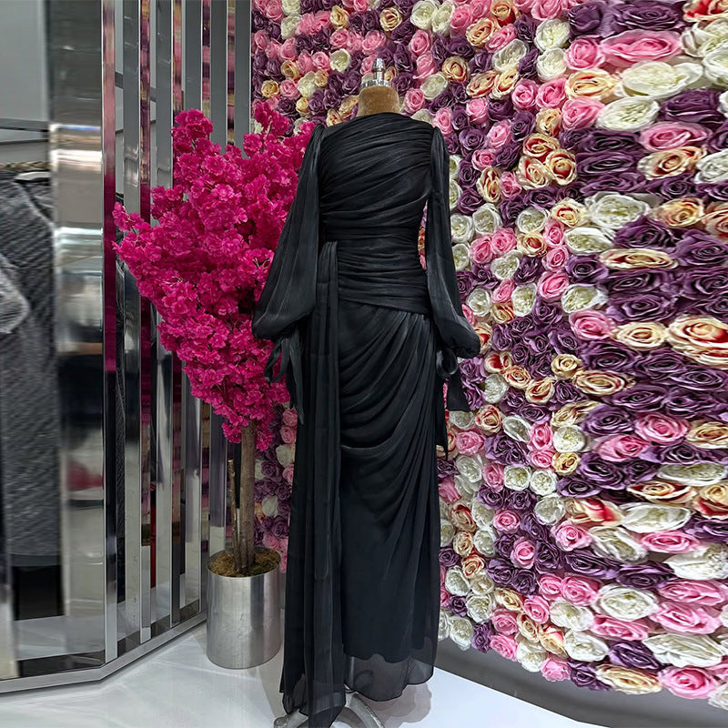 Ruched Evening Dress | Puff Sleeve Bodycon Maxi Dress(MS280)