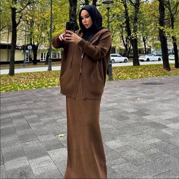 Hooded Knit Cardigan & Straight Maxi Skirt Set(MS544)