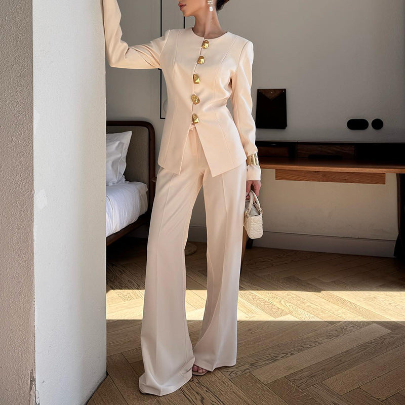 Gold Button Blazer & Straight Leg Pants Set(MS398)