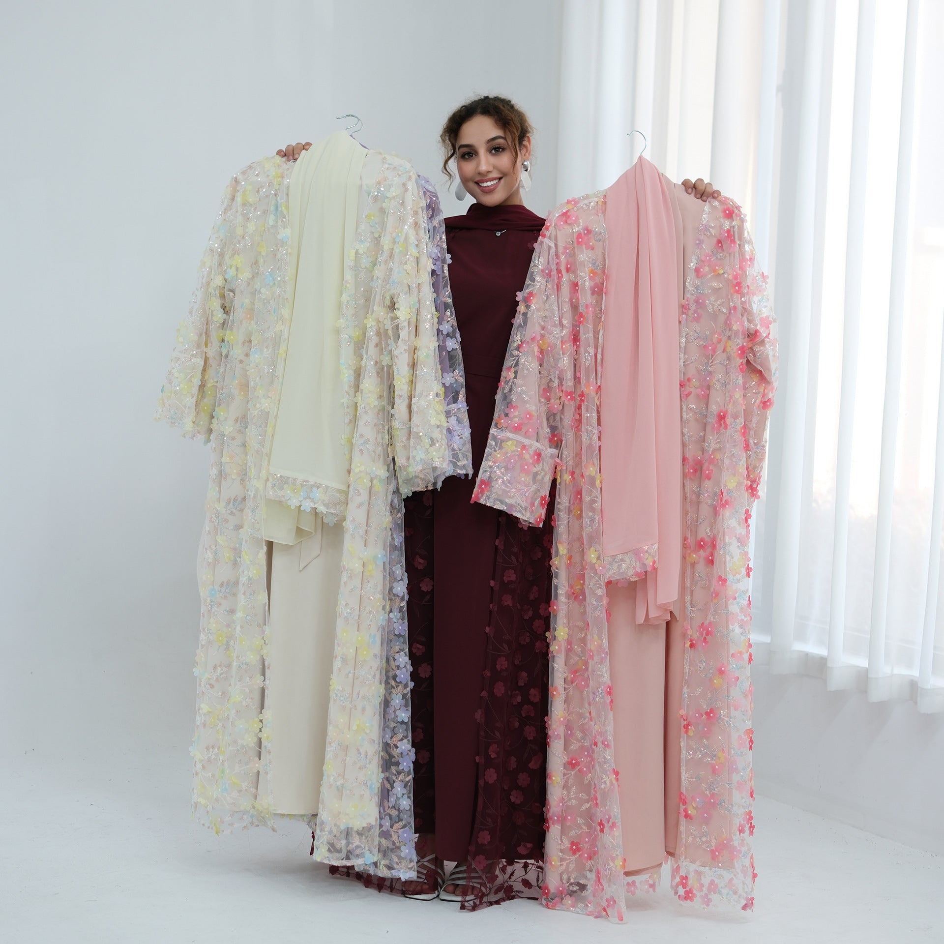 Dreamy 3D Flower Mesh Open Abaya Set(MOA313)