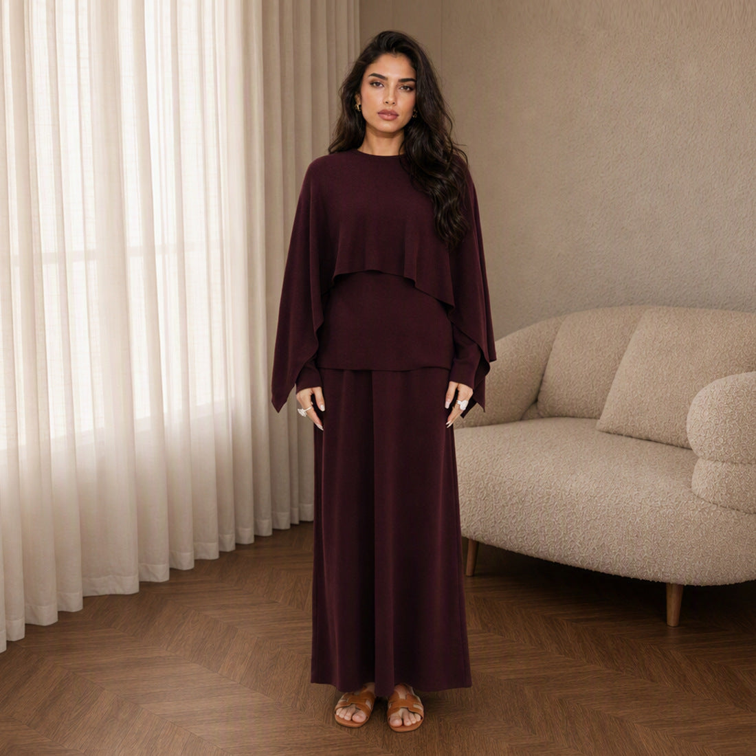 Modest Cape Knit Top & Maxi Skirt Set(MS537)