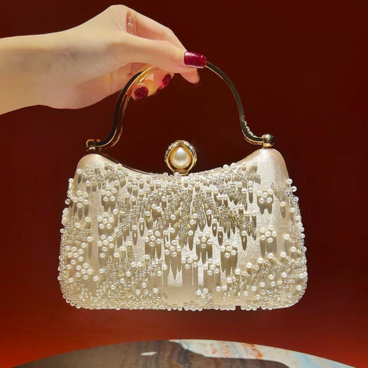 Vintage Embroidered Pearl Evening Clutch Bag - Sparkling Rhinestone Top-Handle Purse & Crossbody for Parties & Weddings(MAC494)