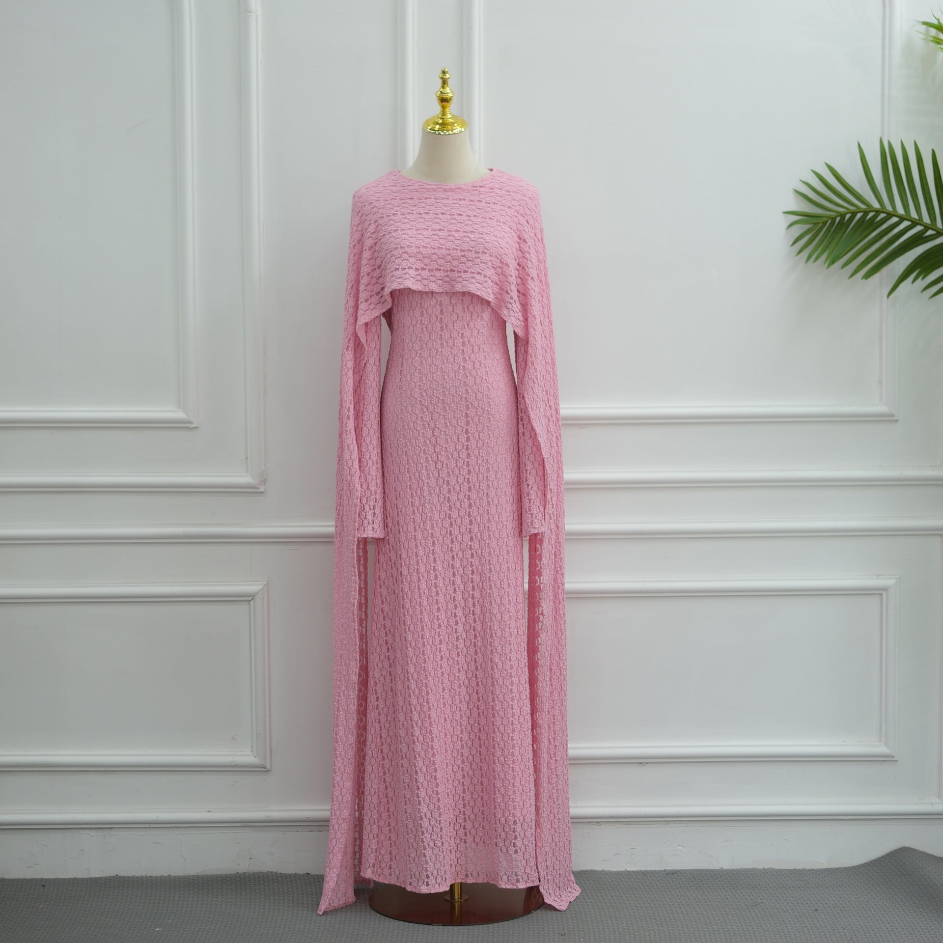 Textured Floral Lace Cape-Sleeve Lined Maxi Dress(MS519)
