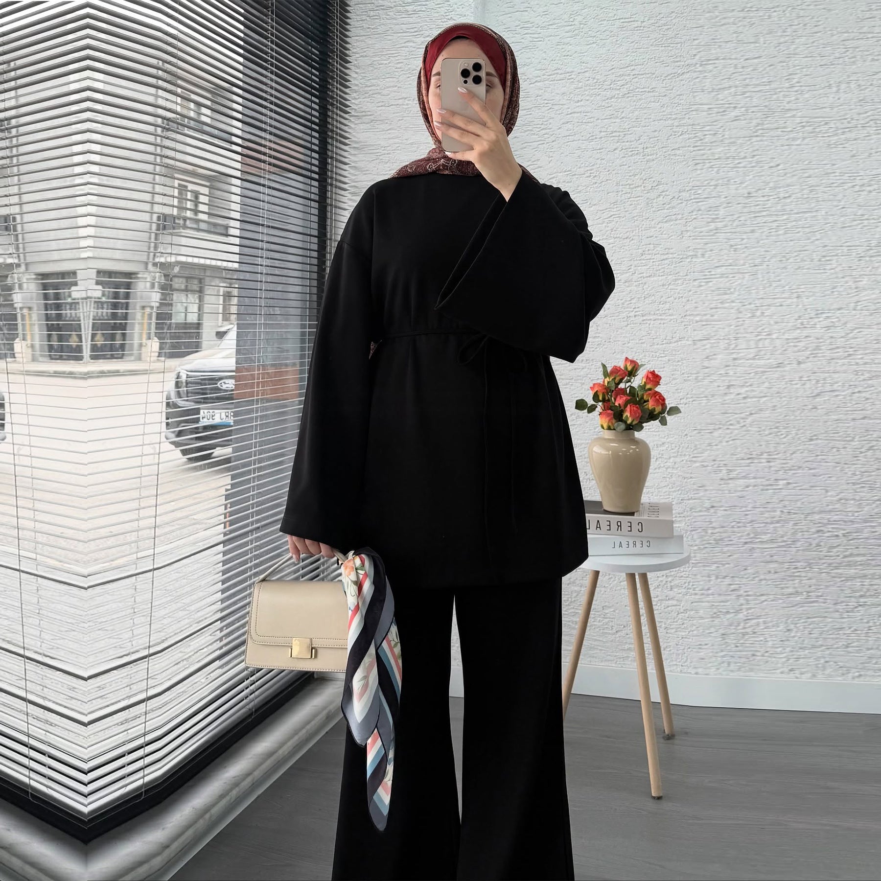 Cotton Two-Piece Set | Belted Tunic Top & Pants(MS279)