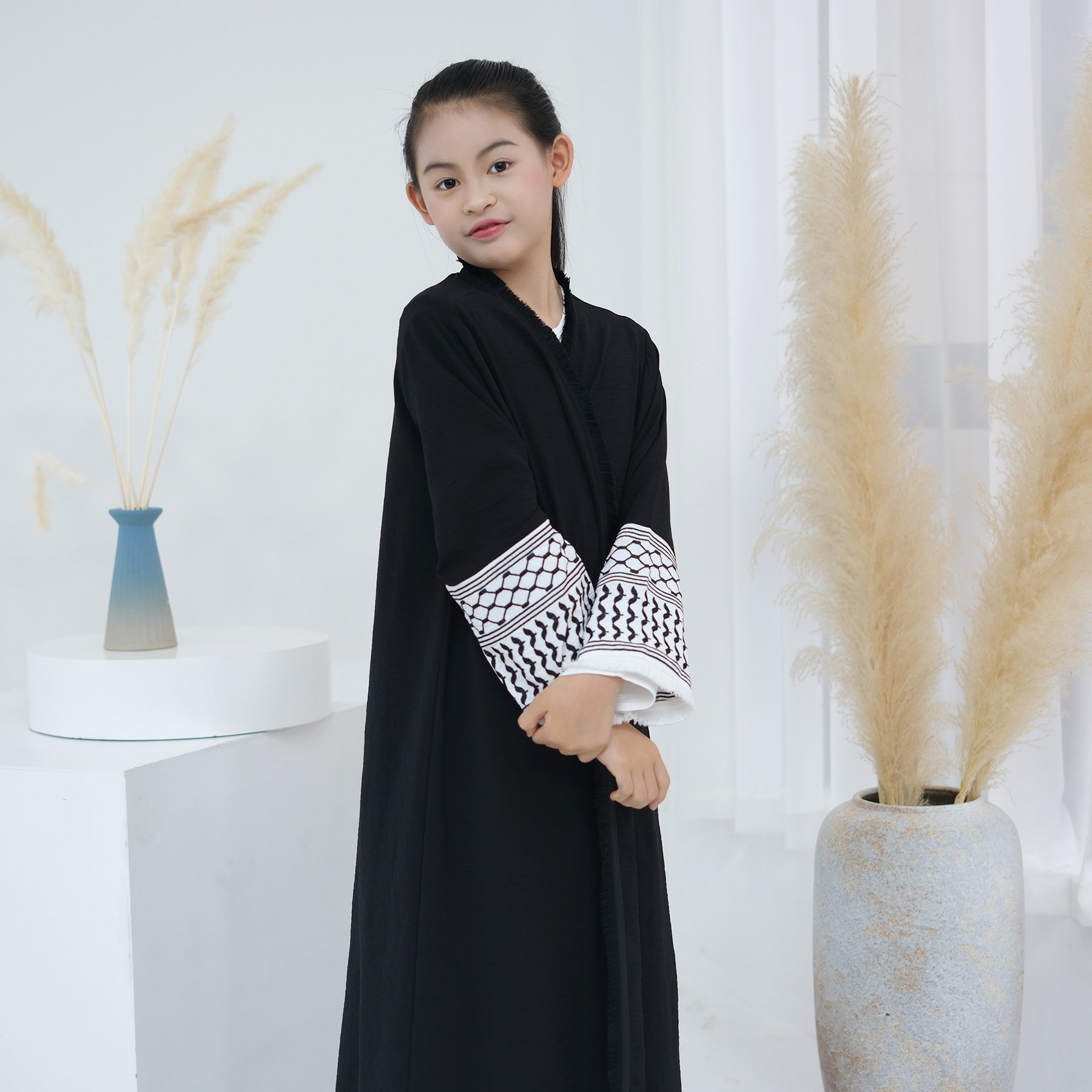 Embroidered Children's Abaya Set Pakistan Geometric Print Robe Abaya with Matching Belt. (MKG015)