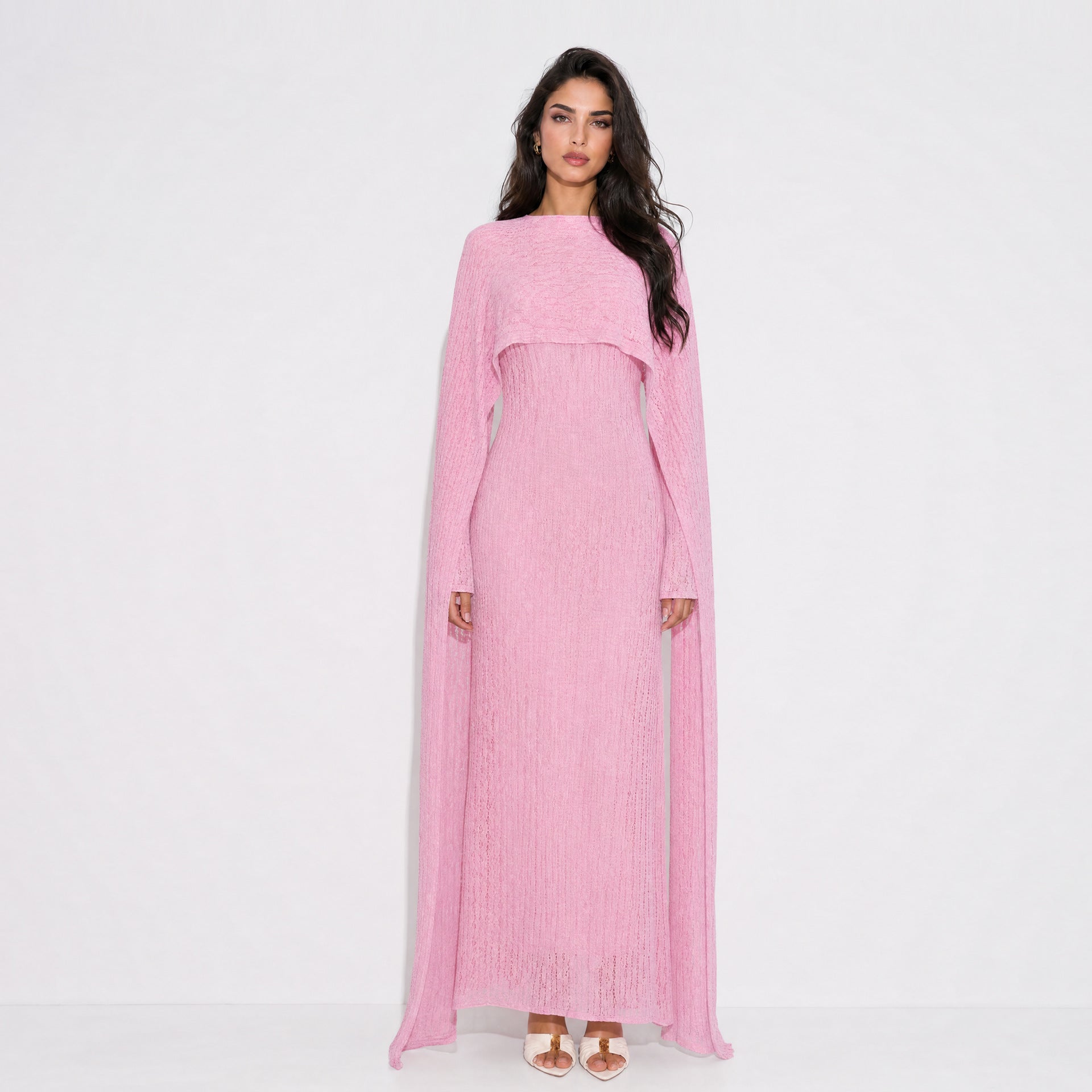 Textured Floral Lace Cape-Sleeve Lined Maxi Dress(MS519)