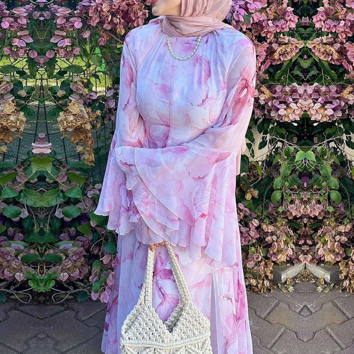 Watercolour Print Double-Layer Flared-Sleeve Maxi Dress(MA479)