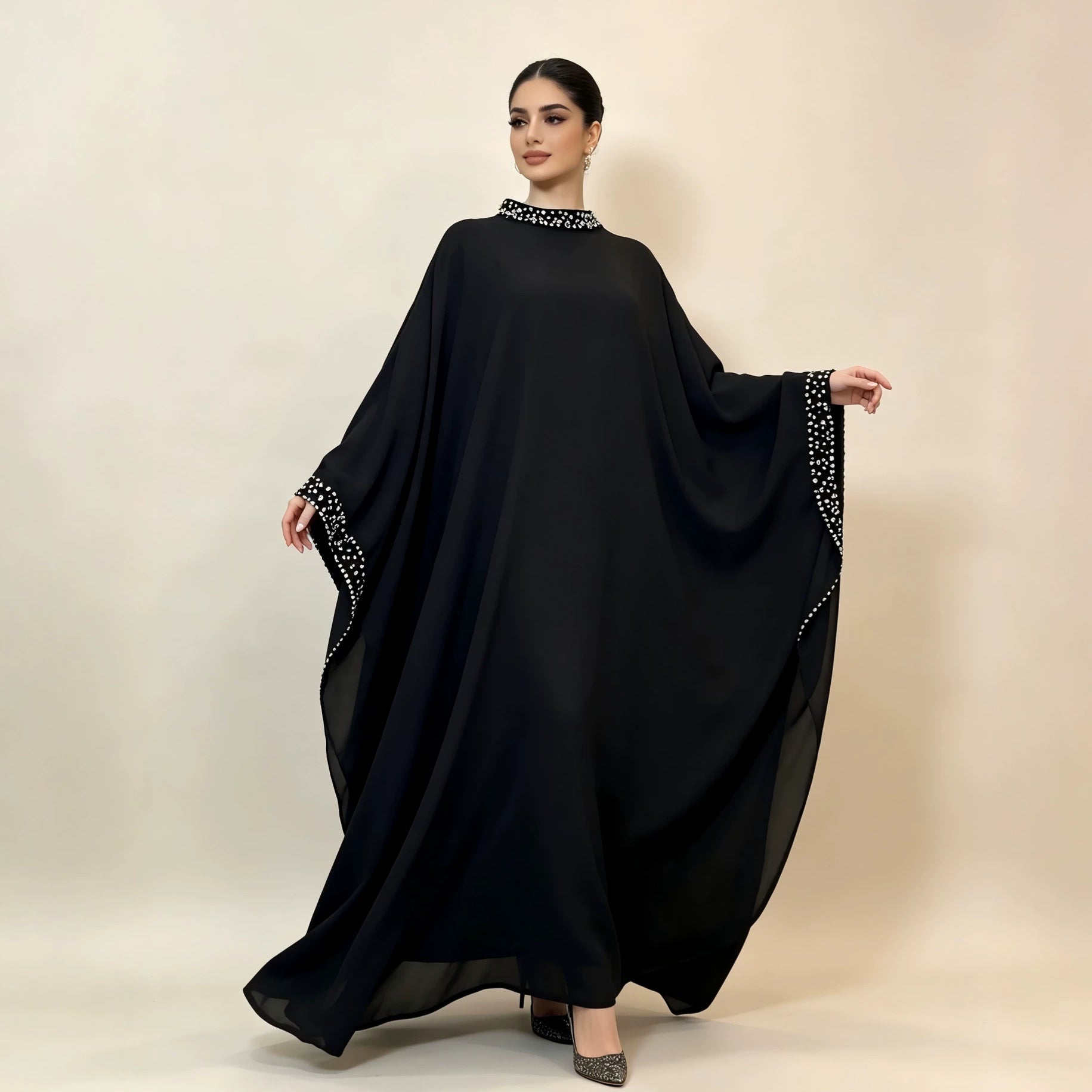 Pearl & Crystal Embellished Stand Collar Batwing Sleeve Maxi Abaya Dress(MA468)