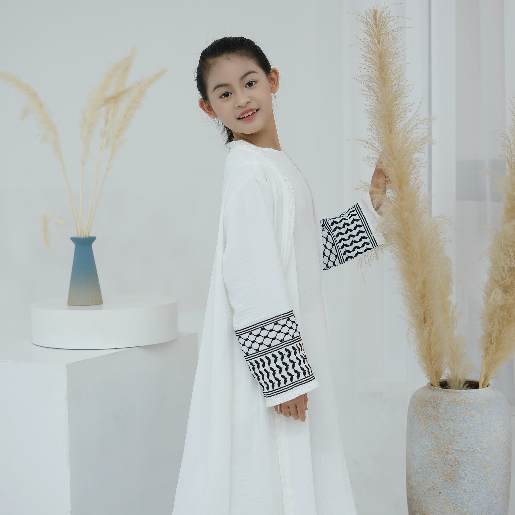 Embroidered Children's Abaya Set Pakistan Geometric Print Robe Abaya with Matching Belt. (MKG015)