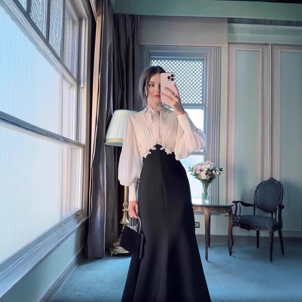 French-Style Pleated Bodice Dress with Bow-Neck(MS309)