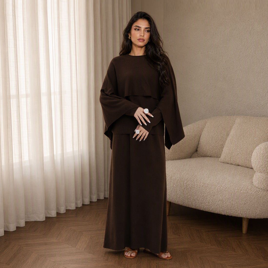 Modest Cape Knit Top & Maxi Skirt Set(MS537)