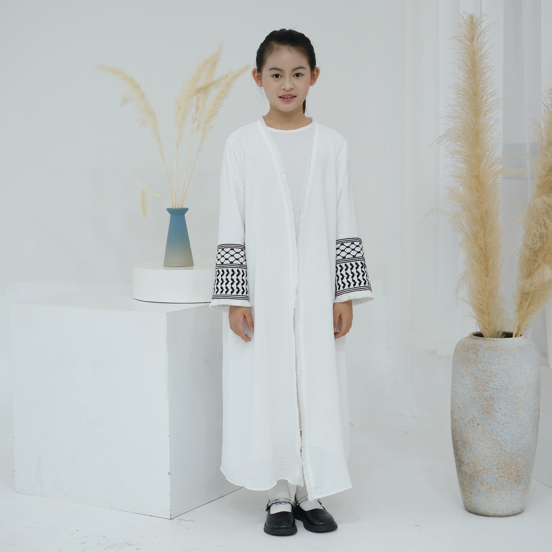 Embroidered Children's Abaya Set Pakistan Geometric Print Robe Abaya with Matching Belt. (MKG015)