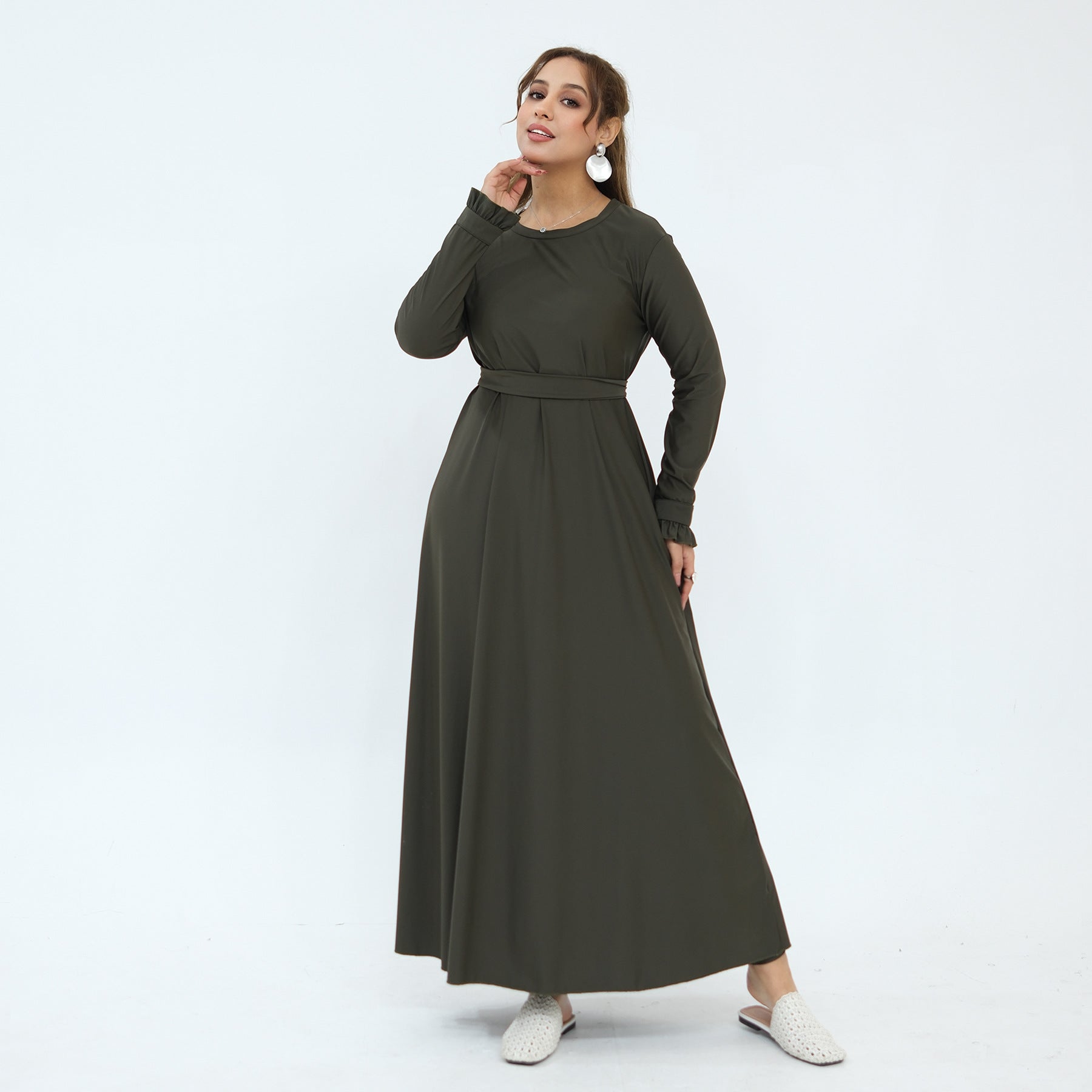 Round neckline detail on modest swim dress
