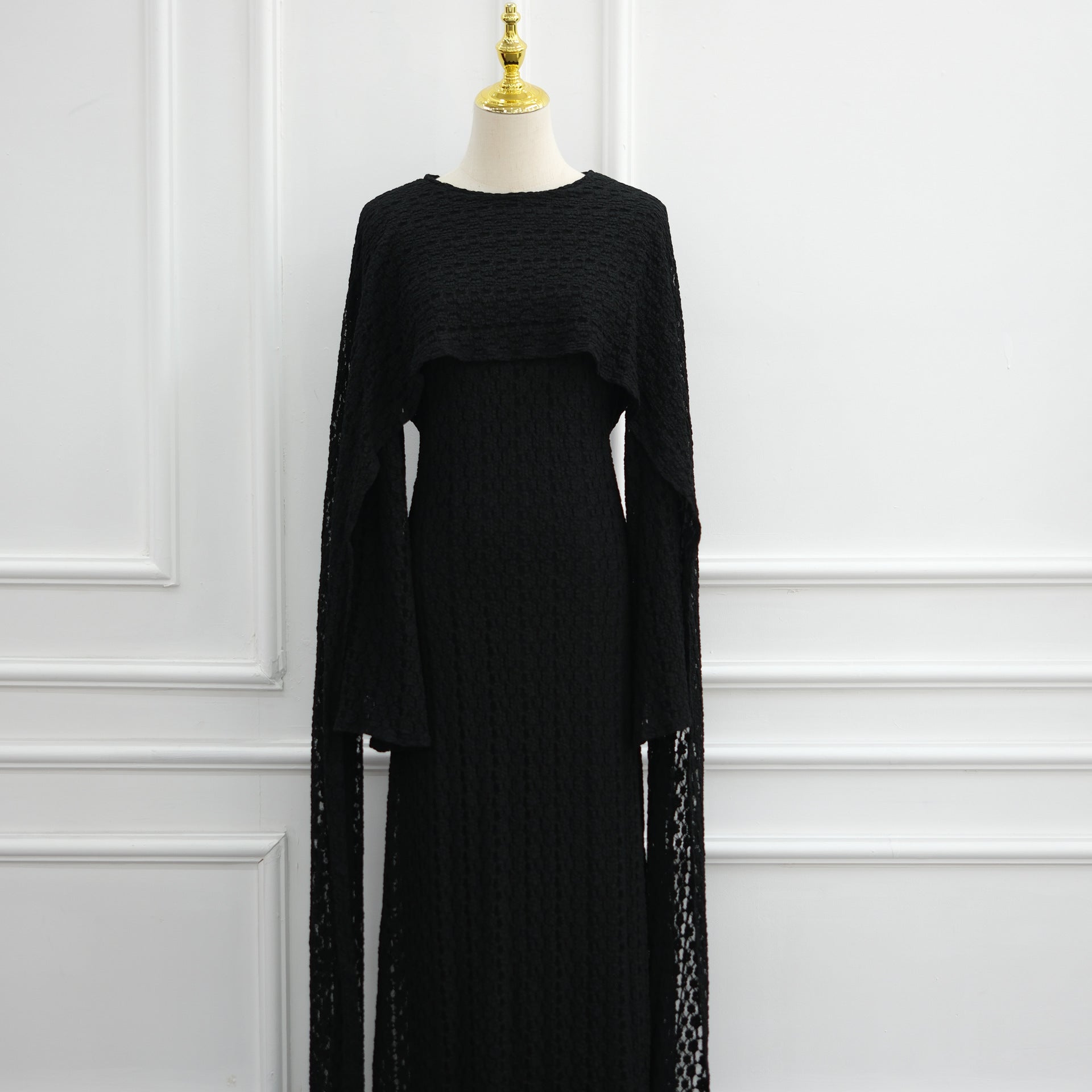 Textured Floral Lace Cape-Sleeve Lined Maxi Dress(MS519)