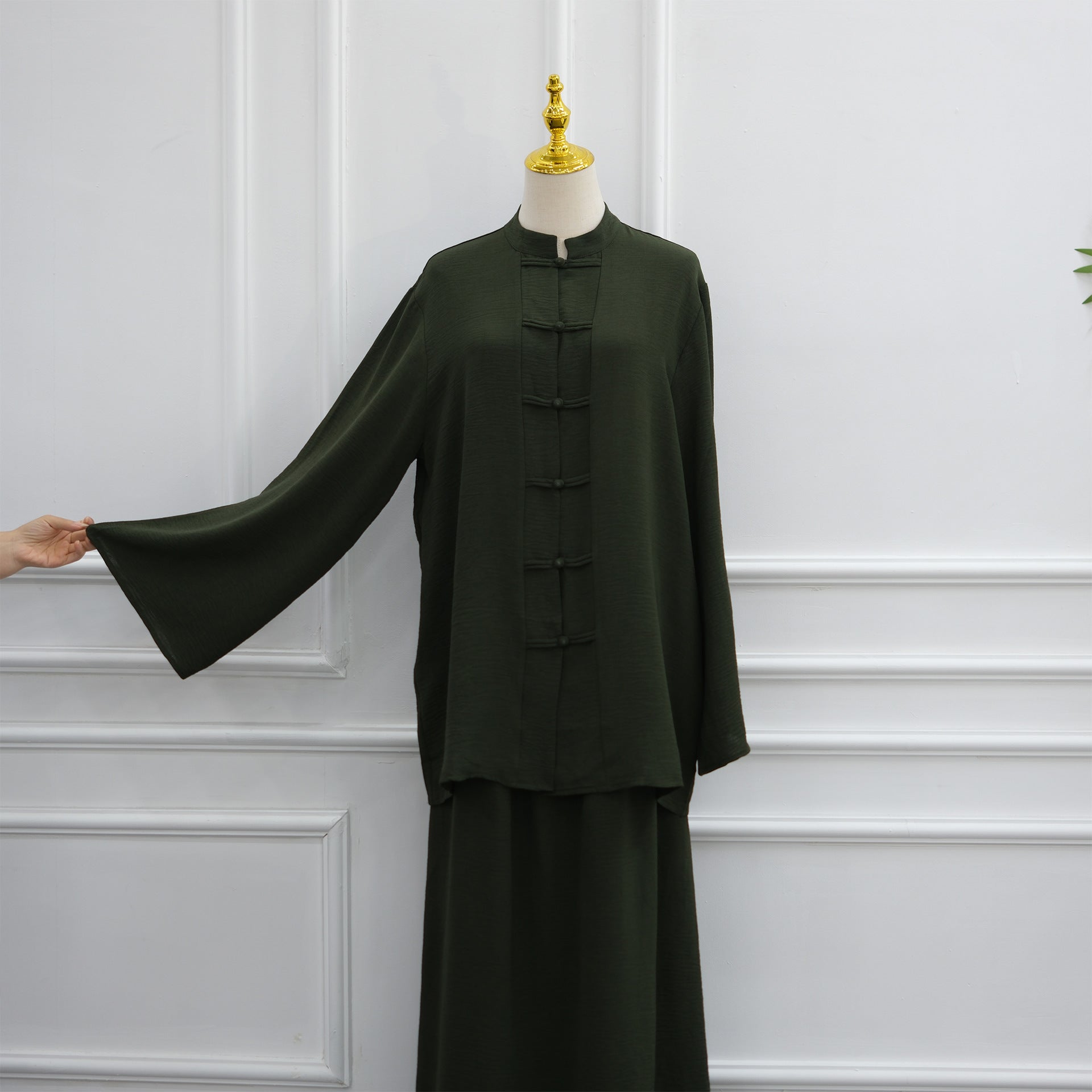 Tunique à boutons grenouille chinois et jupe maxi doublée deux-pièces (MS514)