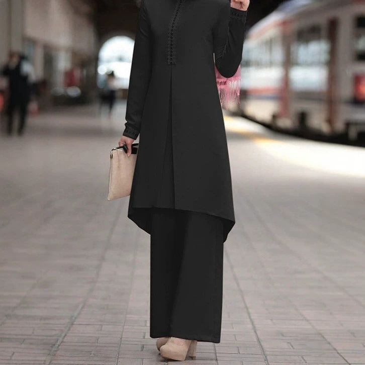 Lace-Trim Long Tunic & Wide-Leg Pants Set(MS540)