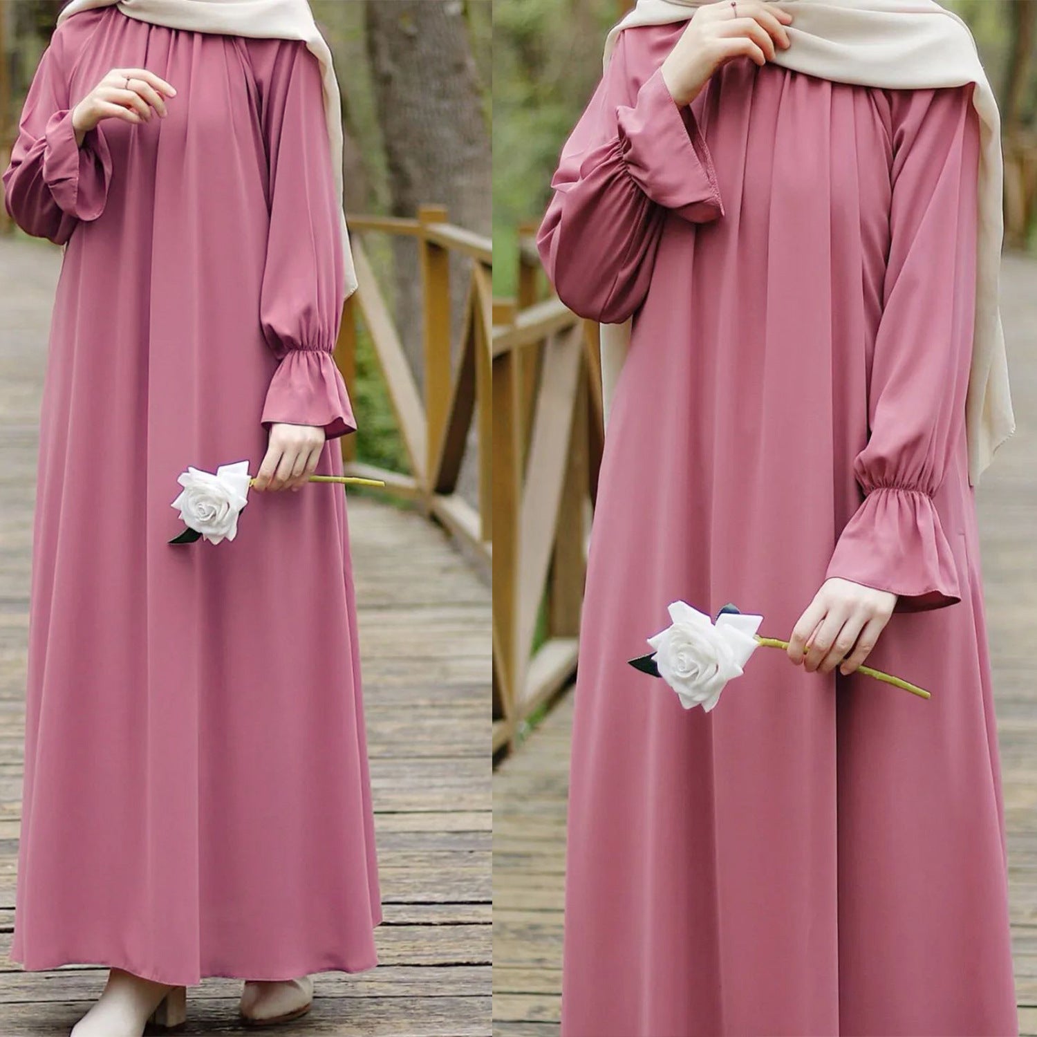 Bell Sleeve Chiffon Abaya | Round Neck Pocket Maxi Dress(MA363)